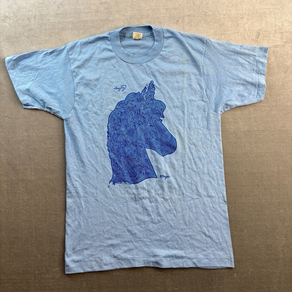 VTG Screen Stars Blue Graphic T-Shirt‎ Horse Maze Men's Small